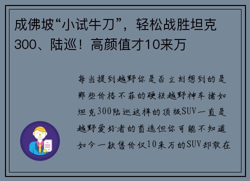 成佛坡“小试牛刀”，轻松战胜坦克300、陆巡！高颜值才10来万